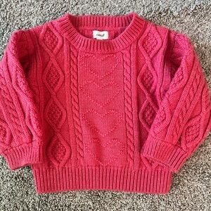 Oeuf 2T 100% Merino Wool Pink Sweater with Heart Patter and Cable Knit Detail